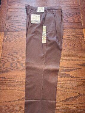 NWT Savane Motion Comfortable Waistband Brown Pleated Cuffed Dress Pants 42Wx30L
